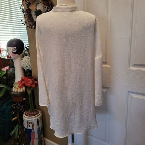 Zara White Top Blouse Popover Career Work Size Large Collarless FLAW LINT - Picture 7 of 9